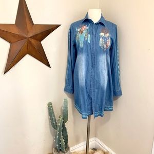 Denim Button Down Embroidered Tunic Medium